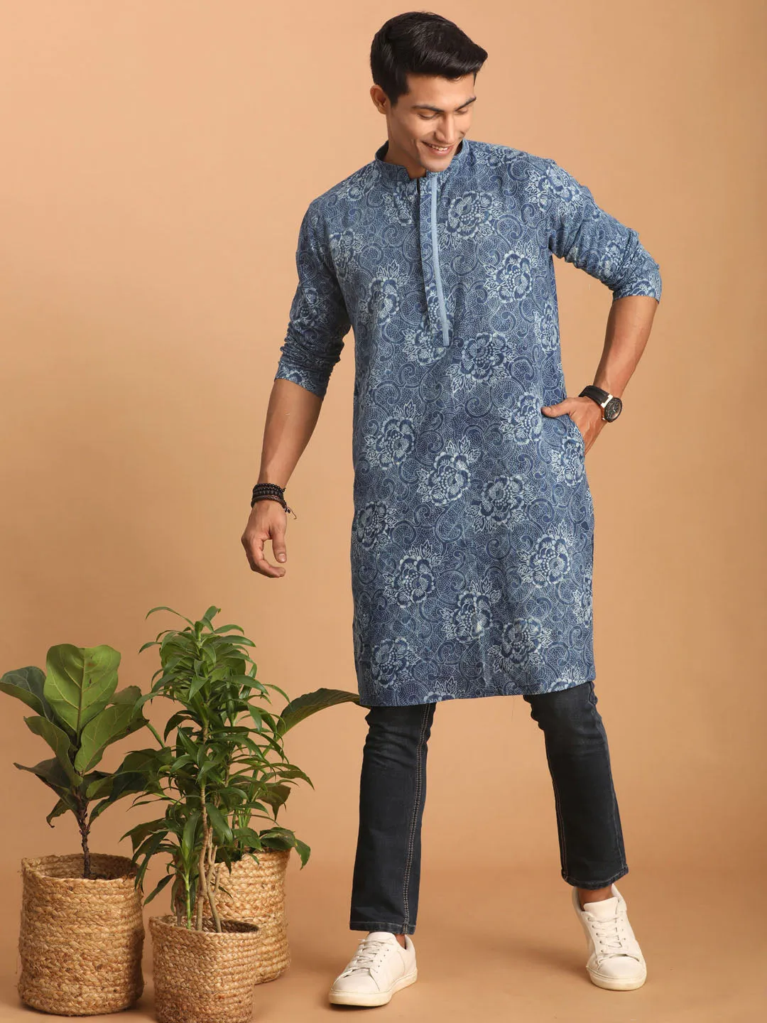 Jashvi Men's Blue Dot Printed Denim Kurta