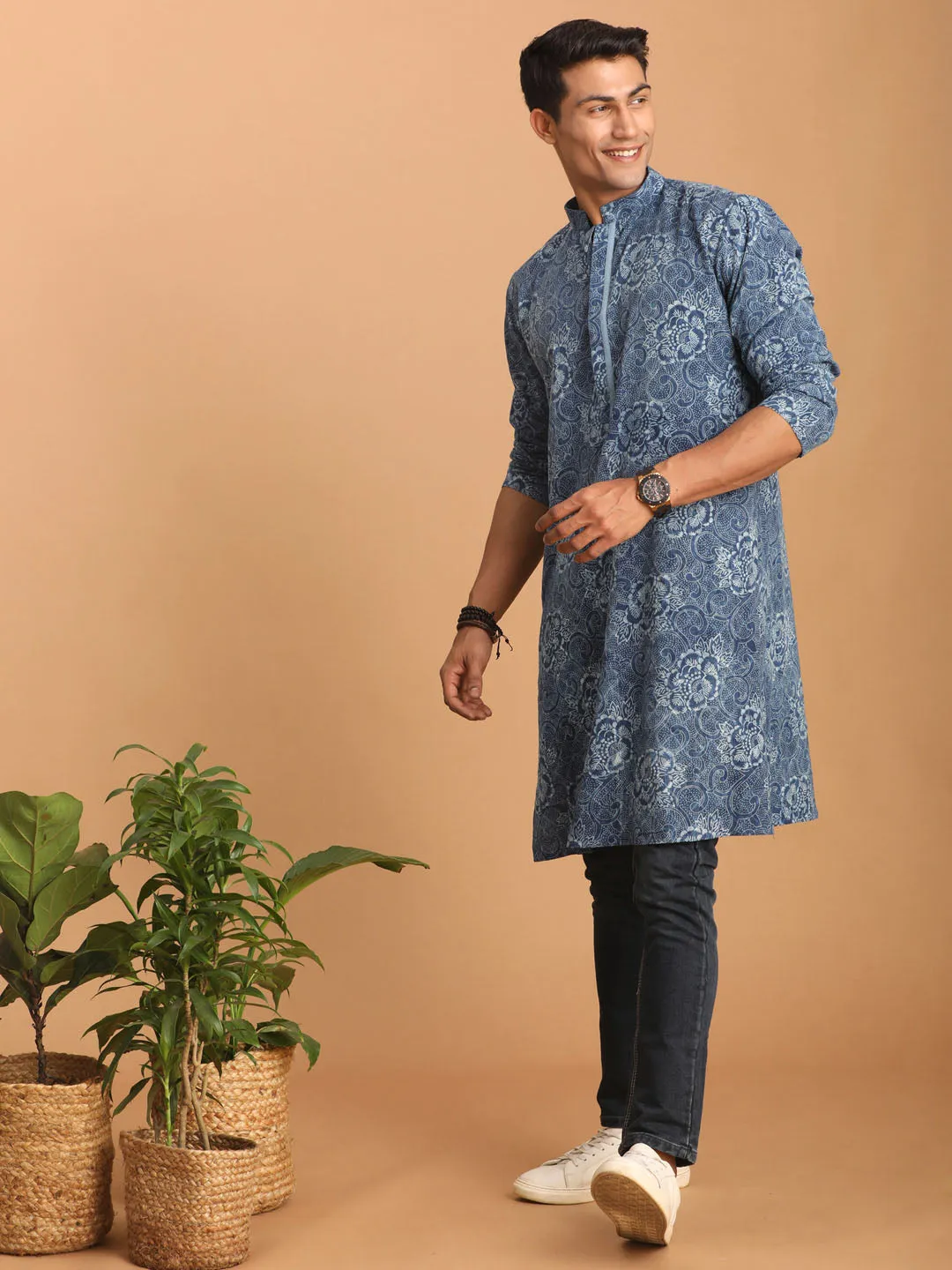 Jashvi Men's Blue Dot Printed Denim Kurta