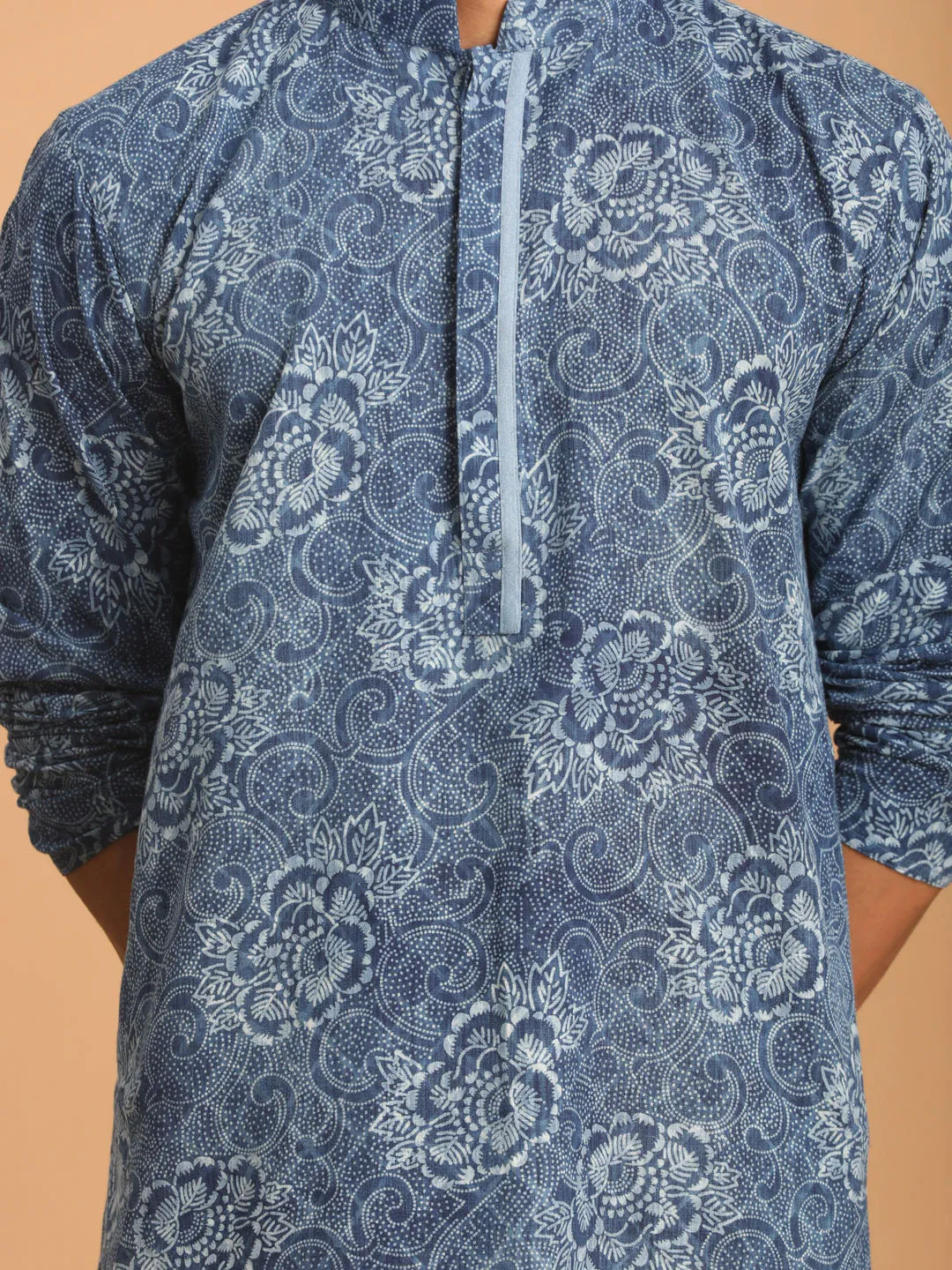 Jashvi Men's Blue Dot Printed Denim Kurta