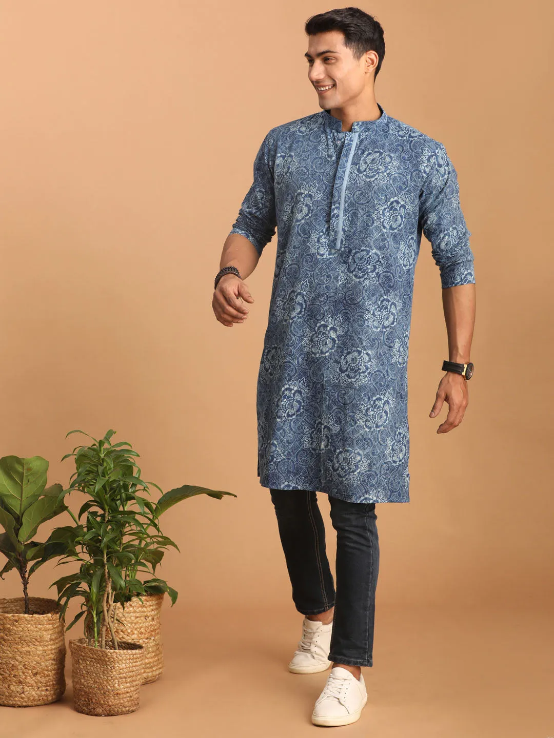 Jashvi Men's Blue Dot Printed Denim Kurta