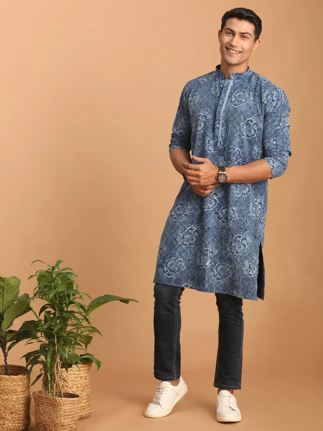 Jashvi Men's Blue Dot Printed Denim Kurta