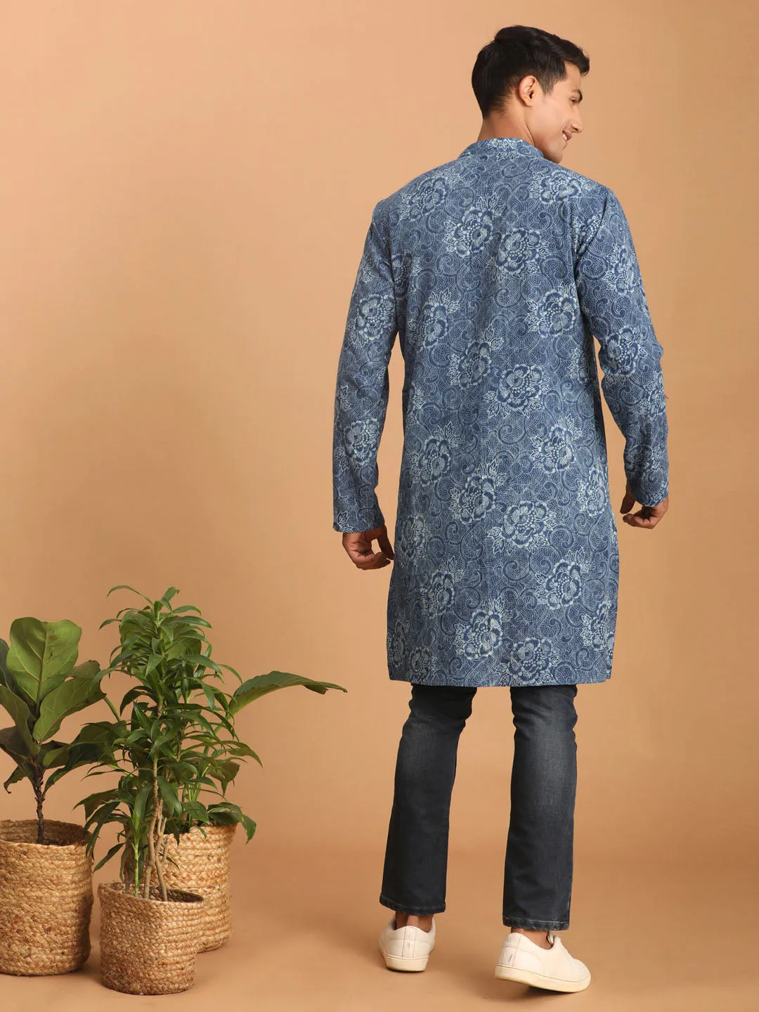 Jashvi Men's Blue Dot Printed Denim Kurta