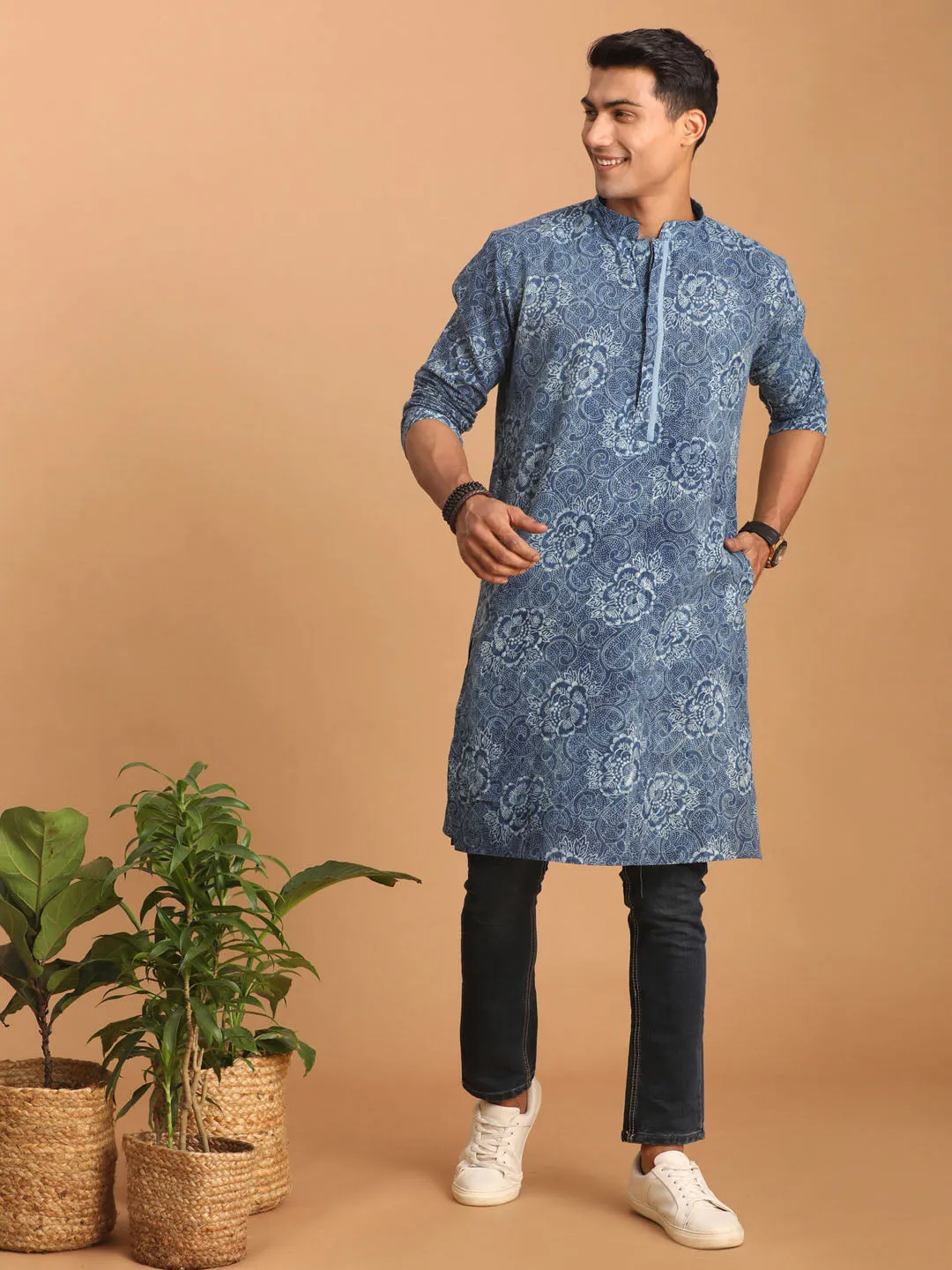 Jashvi Men's Blue Dot Printed Denim Kurta