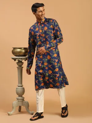 Jashvi Men's Blue Floral Printed Muslin Blend Kurta With Cream Viscose Pant Set