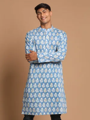 Jashvi Men's Blue Quirky Printed Thread Work Kurta