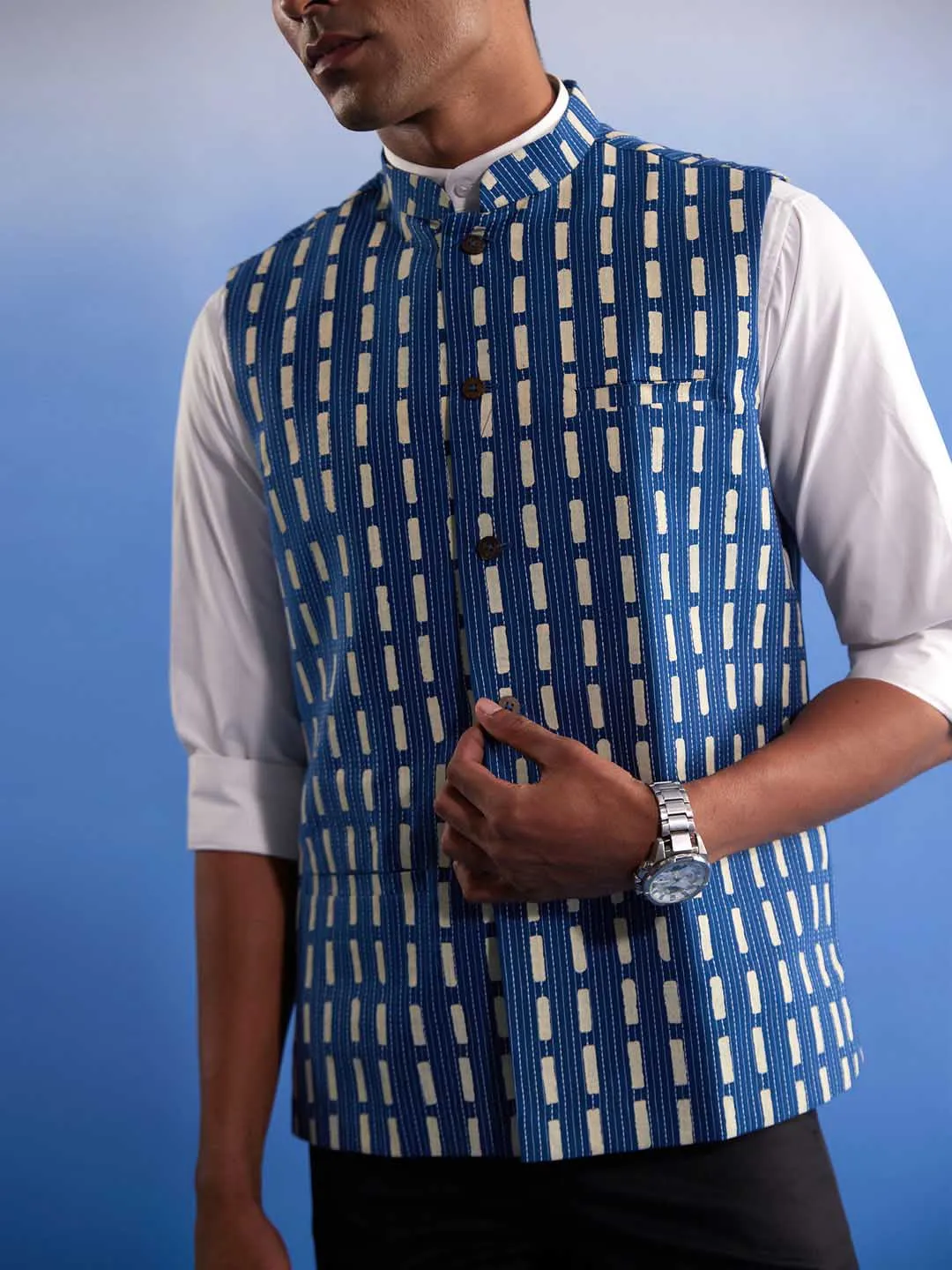 Jashvi Men's Blue Rubber Print Nehru jacket