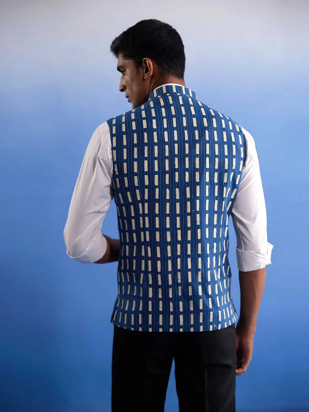 Jashvi Men's Blue Rubber Print Nehru jacket