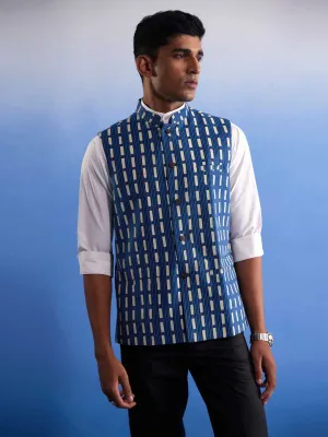 Jashvi Men's Blue Rubber Print Nehru jacket