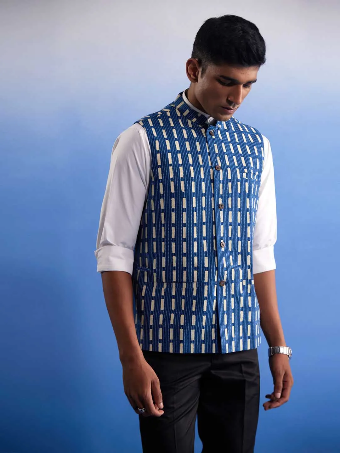 Jashvi Men's Blue Rubber Print Nehru jacket