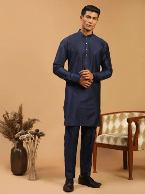 Jashvi Men's Blue Silk Blend Curved Hem Kurta With Pant Set