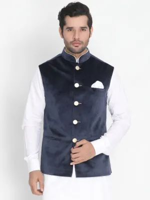 Jashvi Men's Blue Velvet Ethnic Jacket