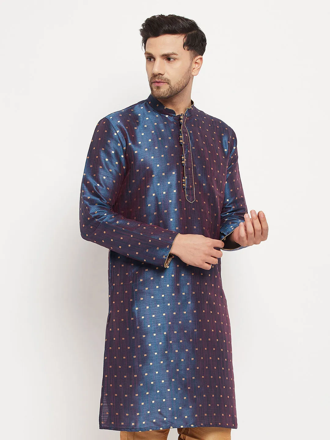 Jashvi Men's Blue Zari Weaved Kurta