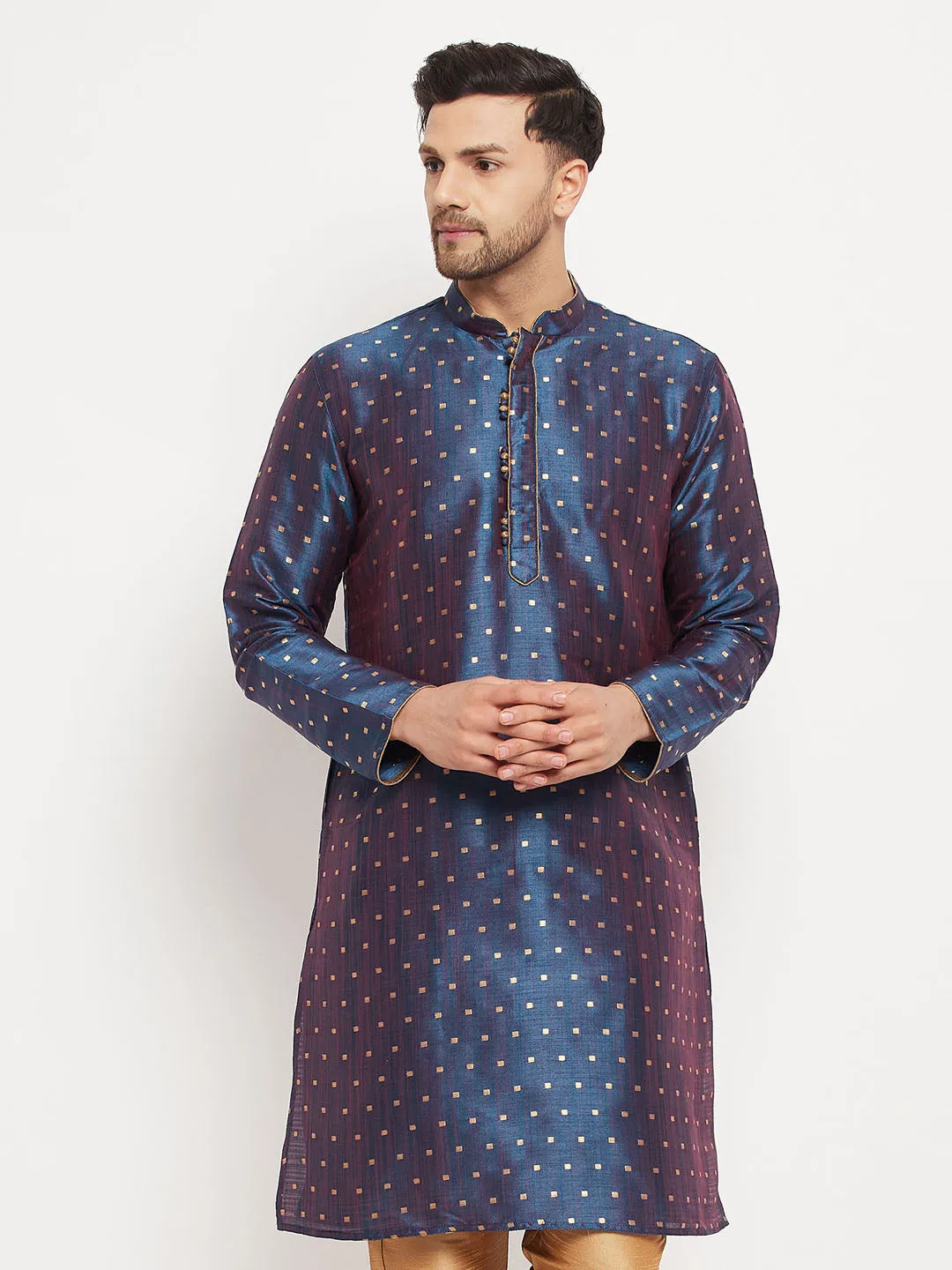 Jashvi Men's Blue Zari Weaved Kurta