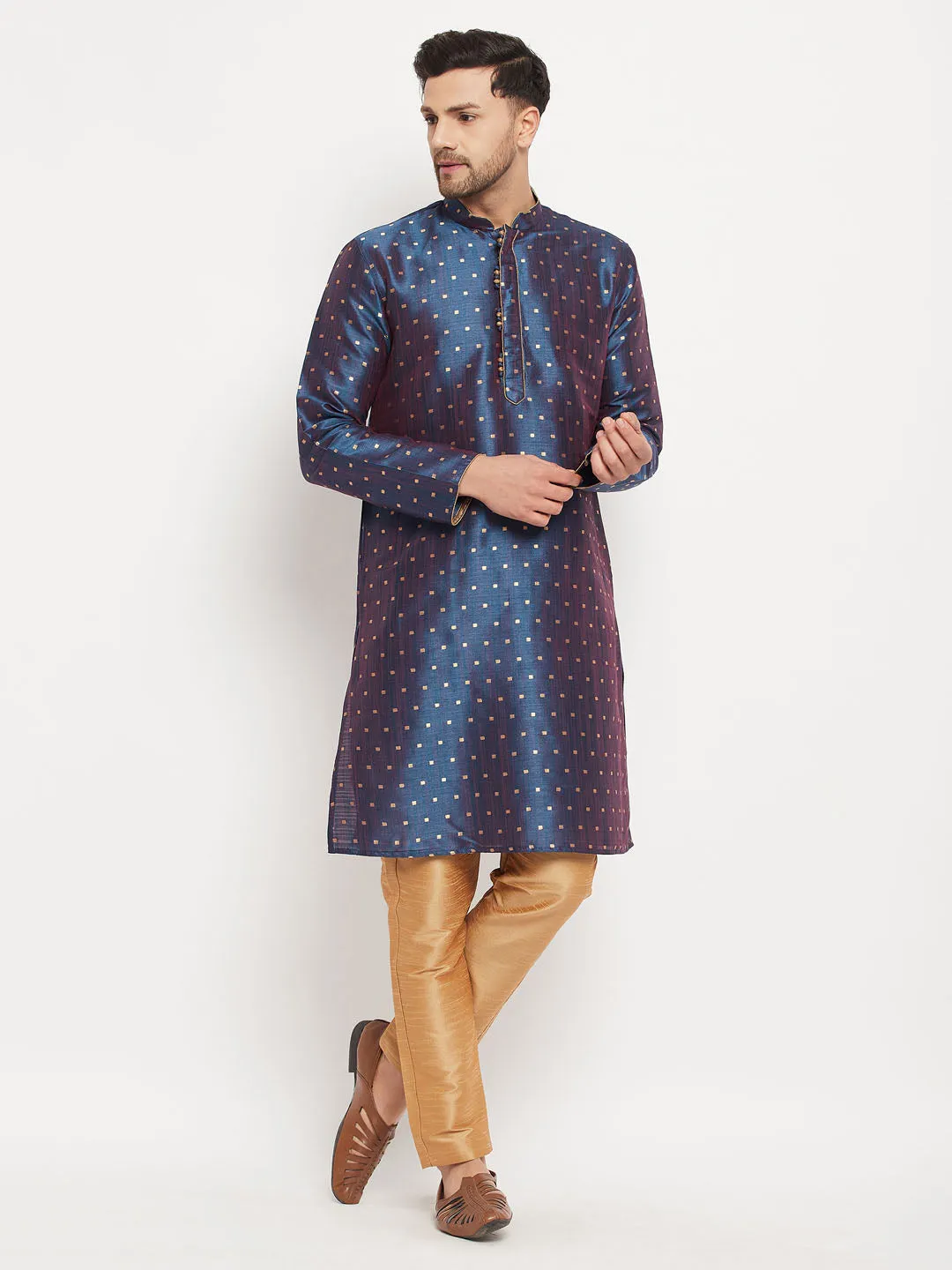 Jashvi Men's Blue Zari Weaved Kurta