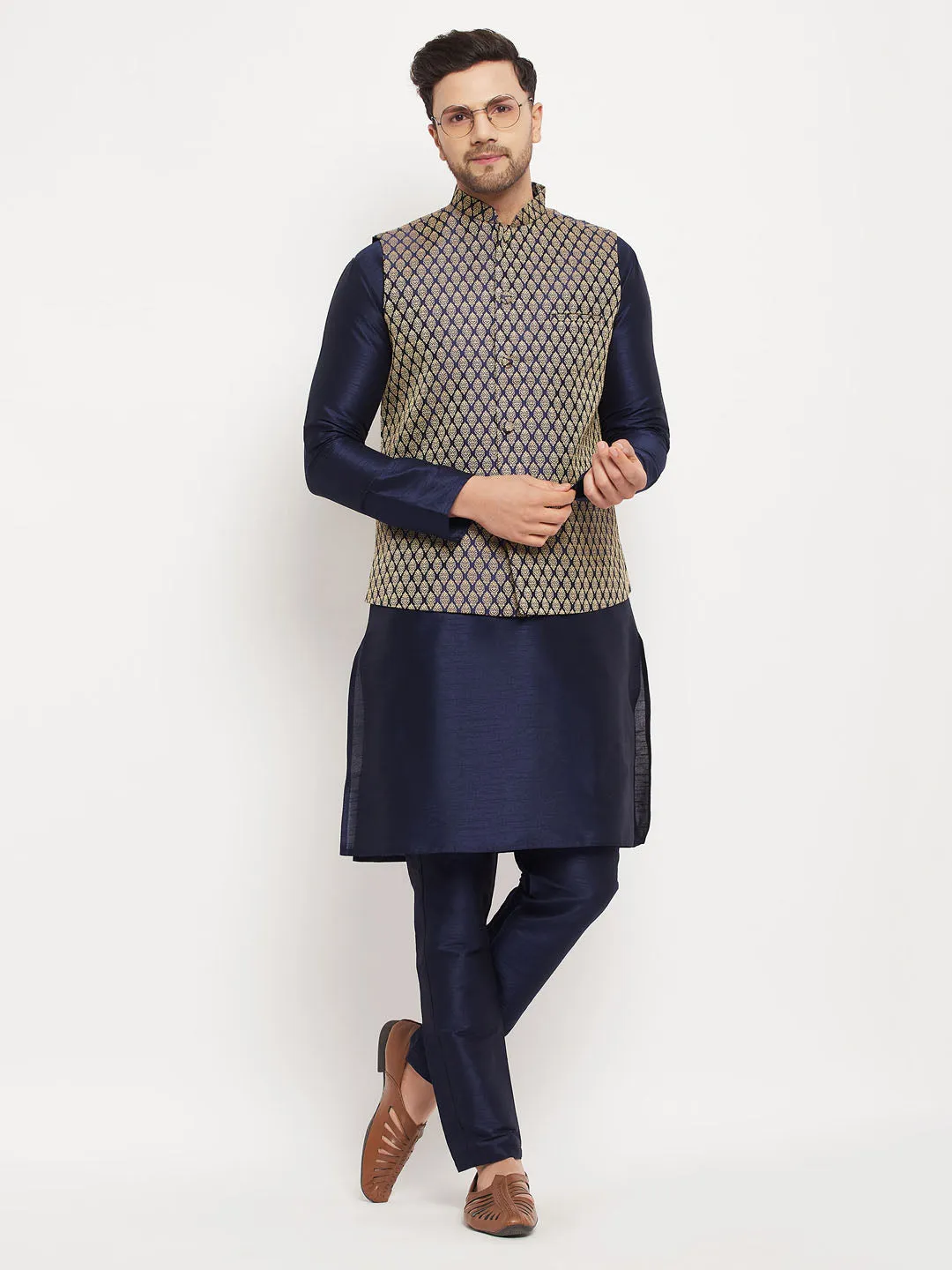 Jashvi Men's BlueSilk Blend Jacket With Kurta Pant  Set