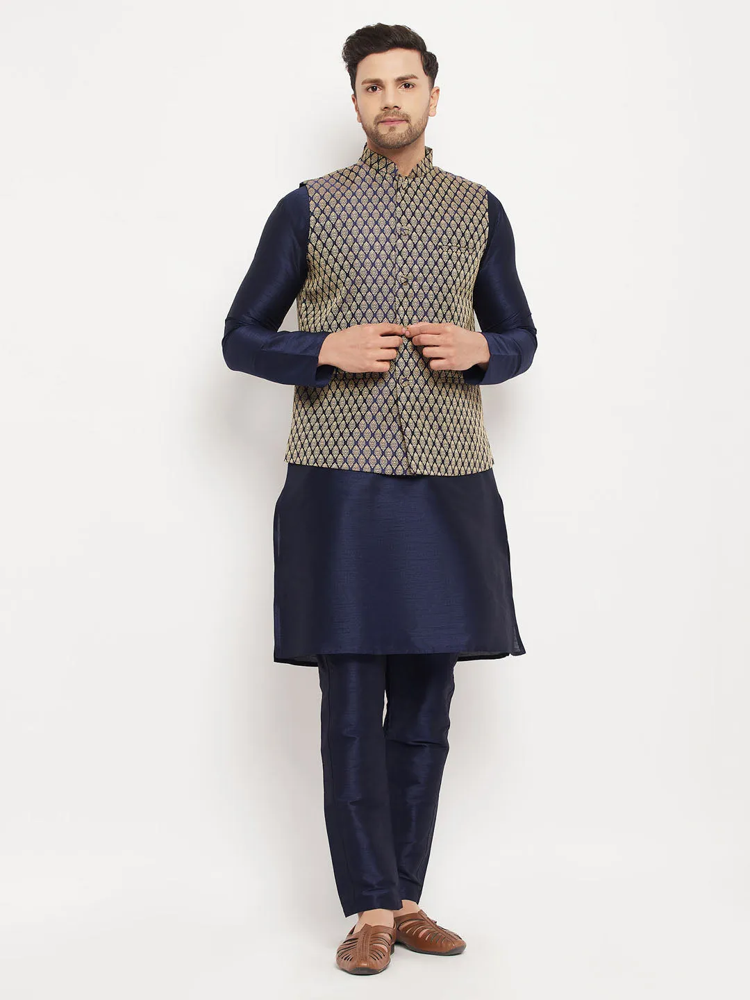 Jashvi Men's BlueSilk Blend Jacket With Kurta Pant  Set