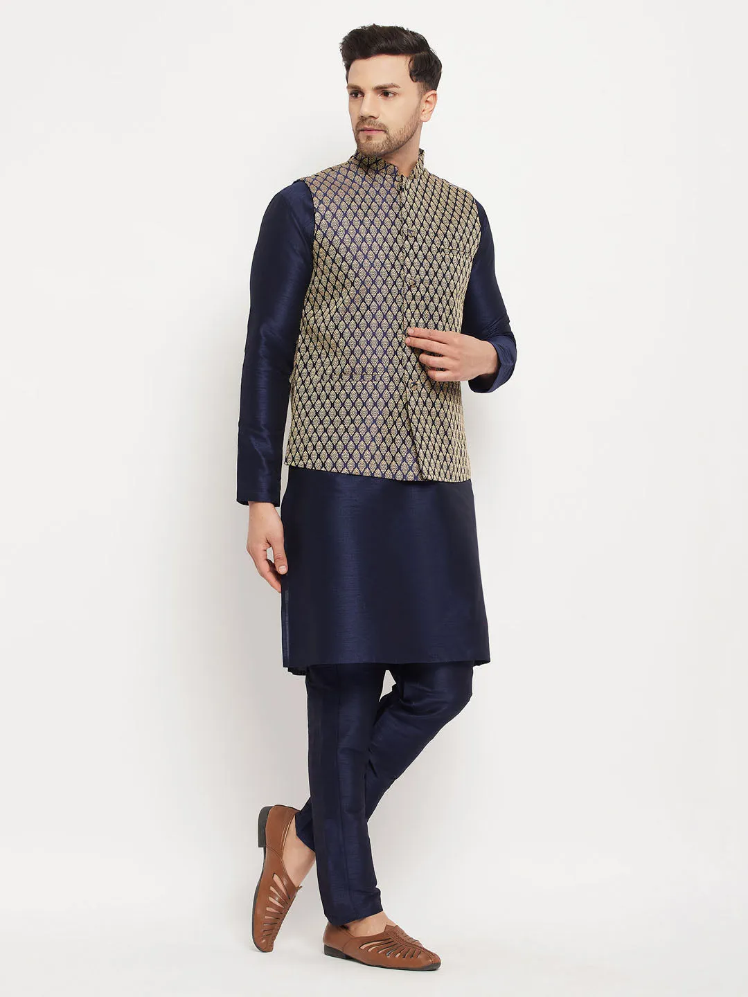 Jashvi Men's BlueSilk Blend Jacket With Kurta Pant  Set