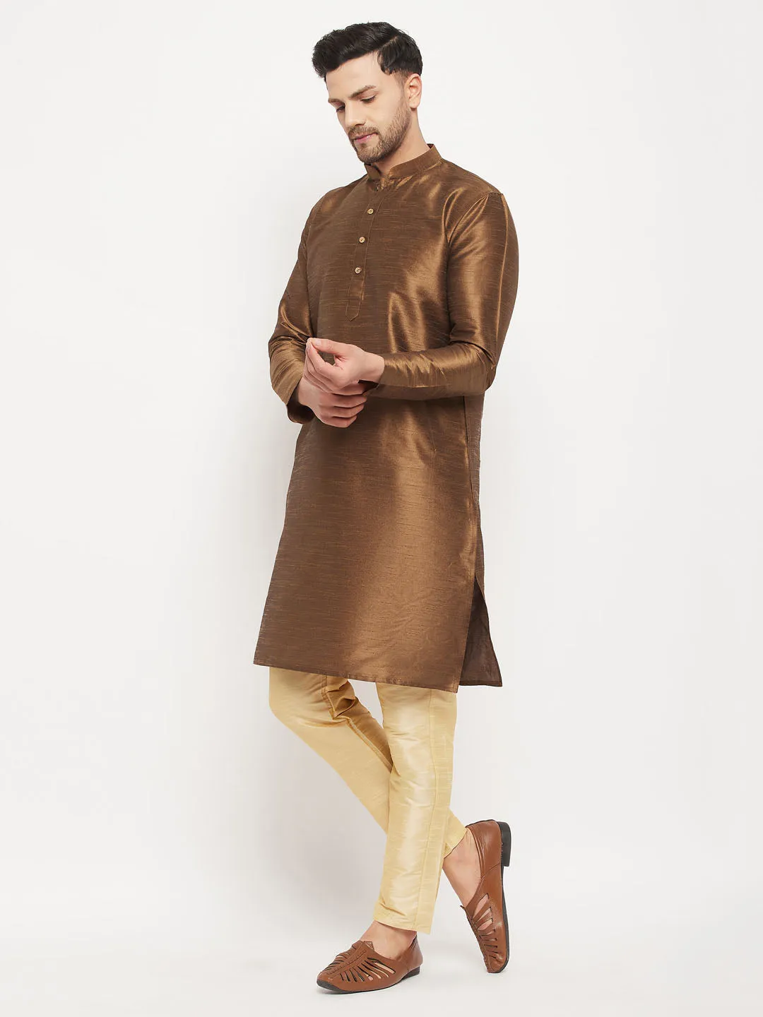 Jashvi Men's Coffee Cotton Silk Blend Kurta