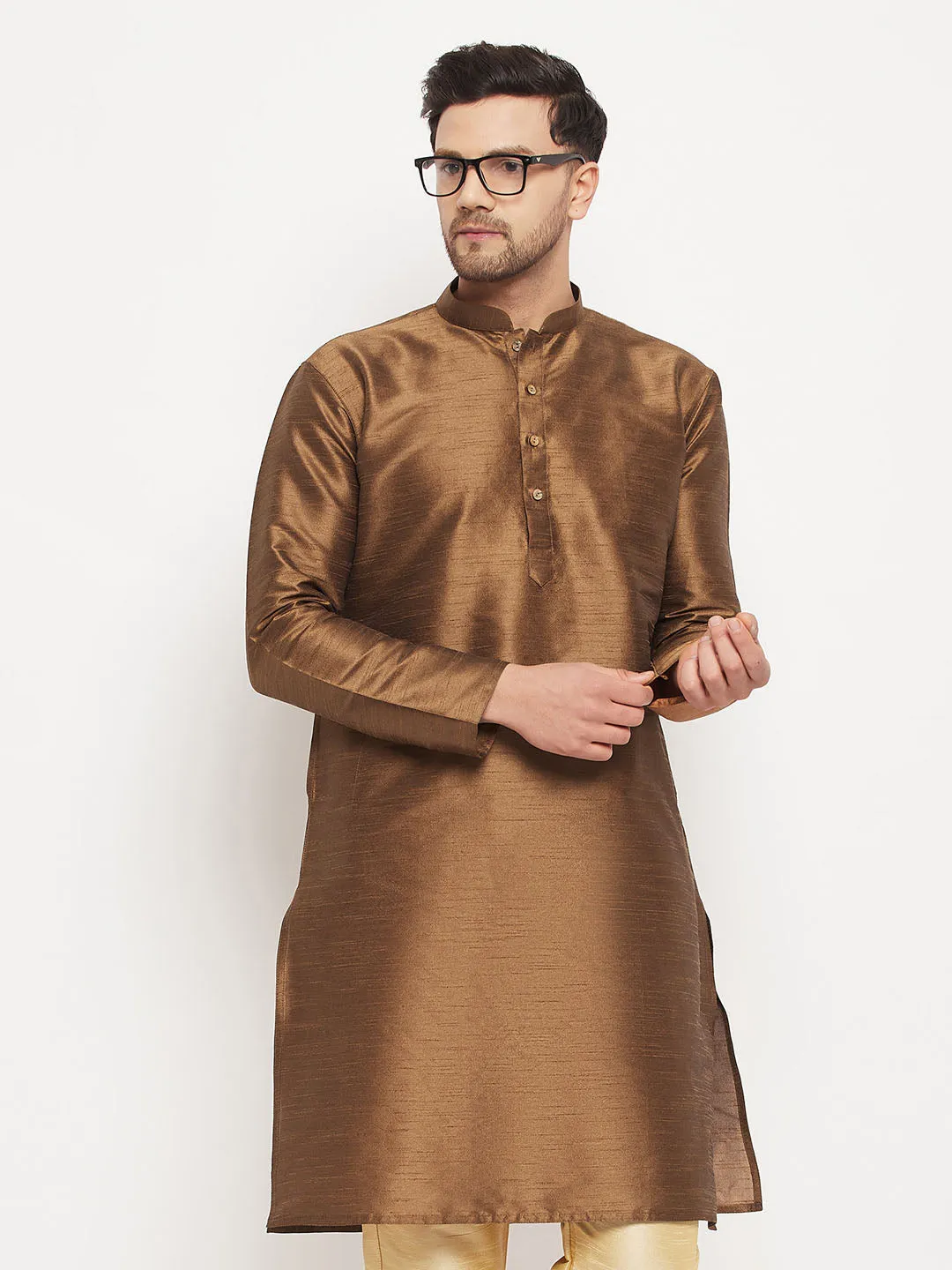 Jashvi Men's Coffee Cotton Silk Blend Kurta