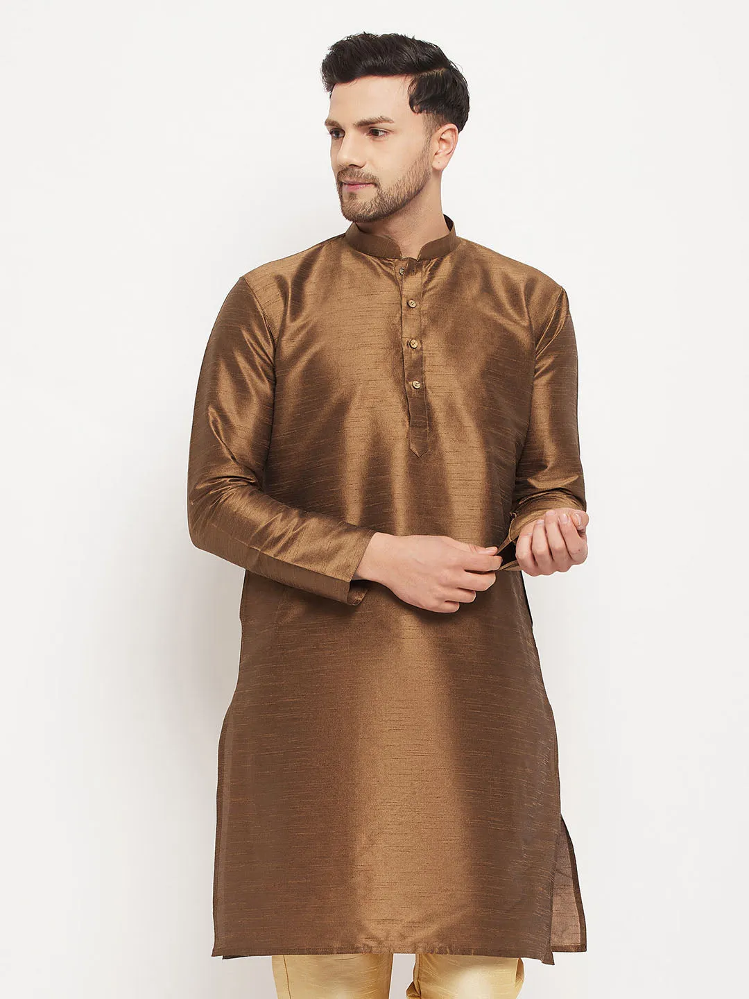 Jashvi Men's Coffee Cotton Silk Blend Kurta