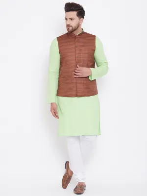 Jashvi Men's Coffee, Mint Green And White Cotton Blend Jacket, Kurta and Pyjama Set