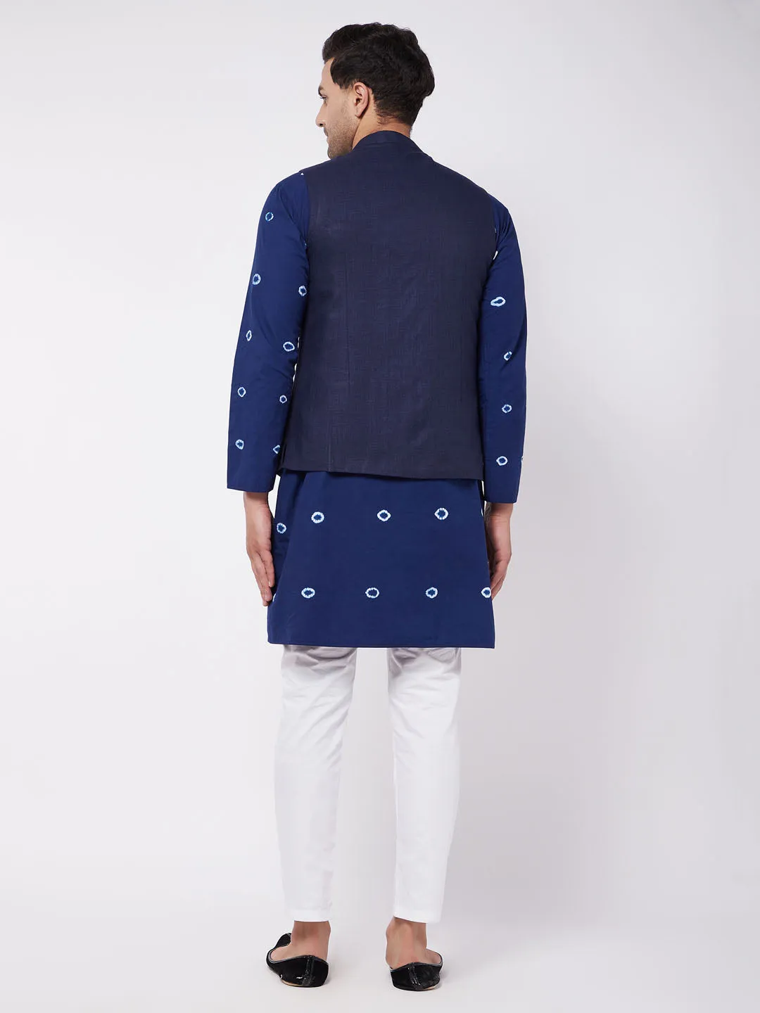 Jashvi Men's Cotton Kurta And Pyjama With Navy Blue Solid Nehru Jacket