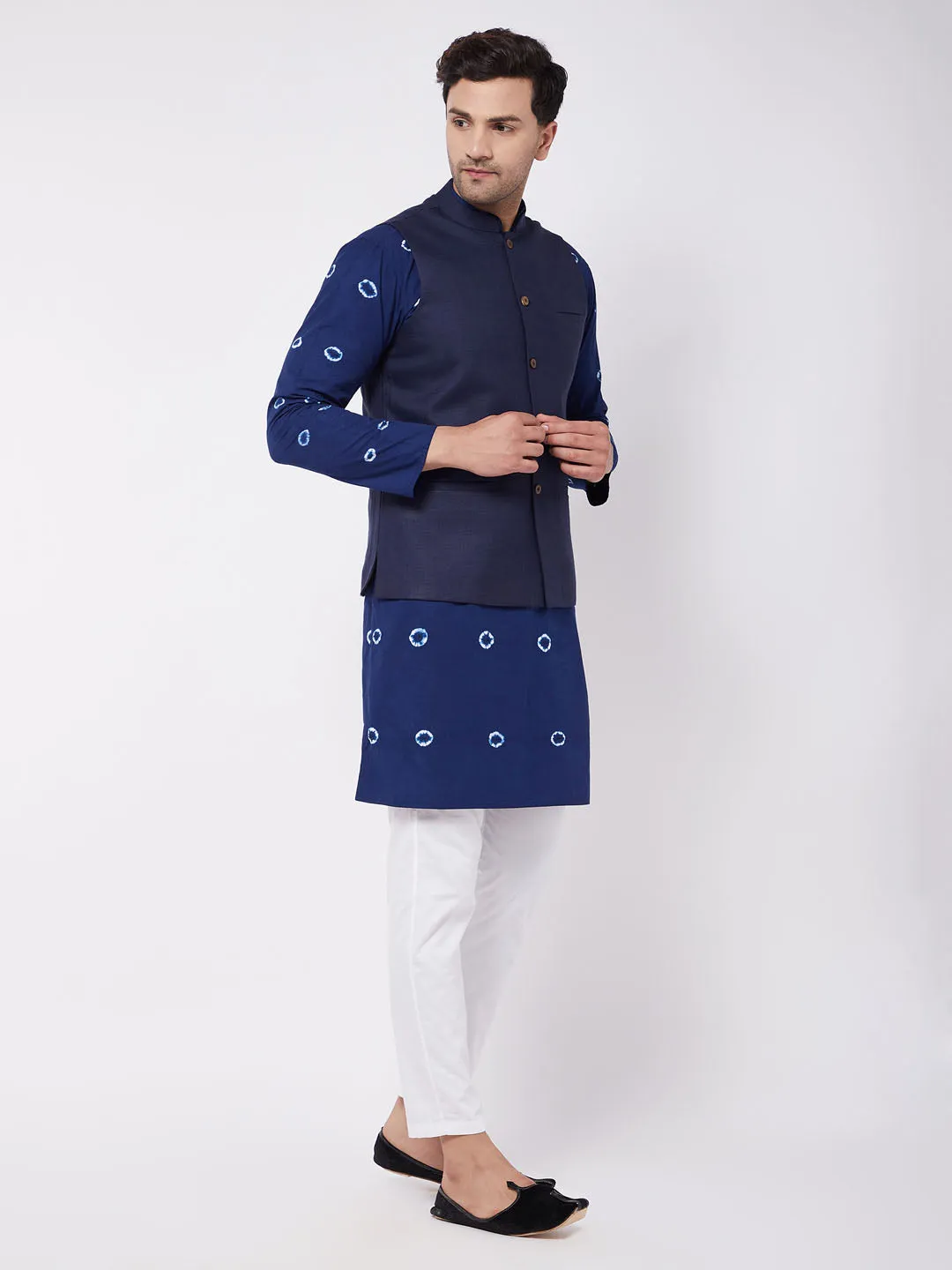 Jashvi Men's Cotton Kurta And Pyjama With Navy Blue Solid Nehru Jacket