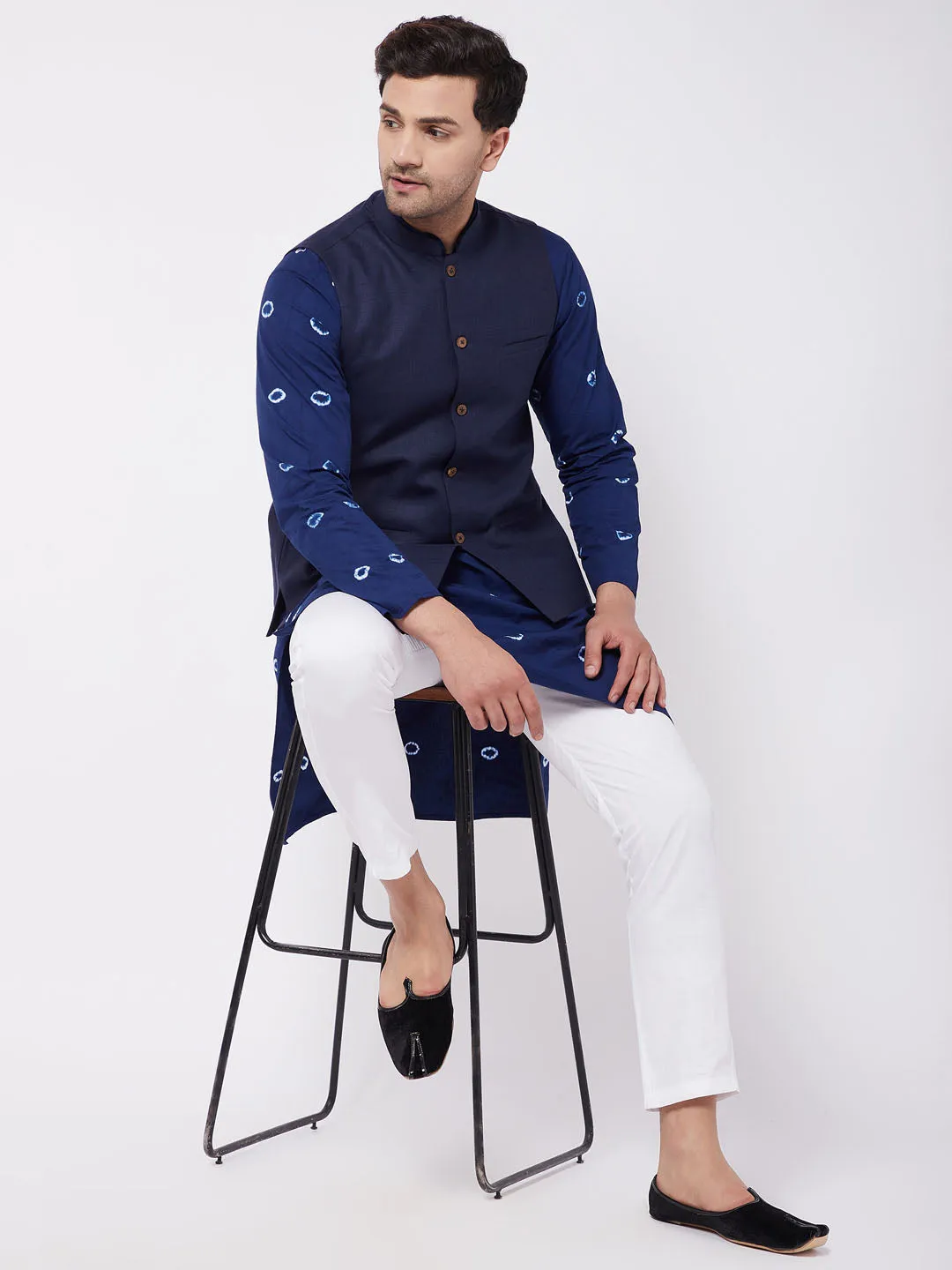 Jashvi Men's Cotton Kurta And Pyjama With Navy Blue Solid Nehru Jacket