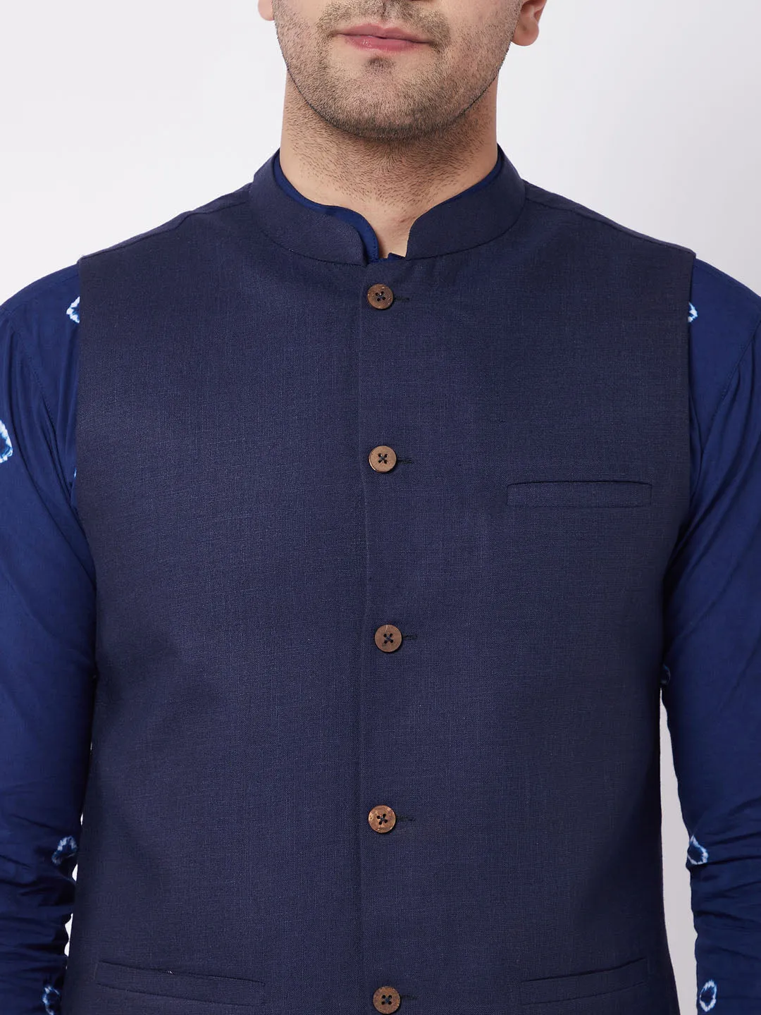 Jashvi Men's Cotton Kurta And Pyjama With Navy Blue Solid Nehru Jacket