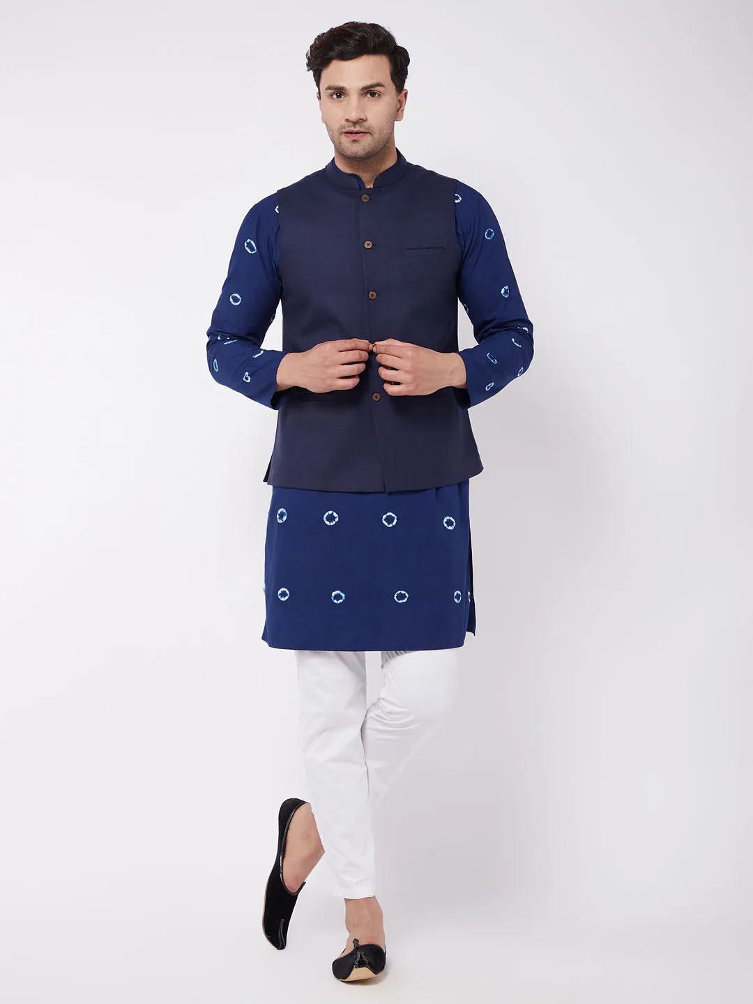 Jashvi Men's Cotton Kurta And Pyjama With Navy Blue Solid Nehru Jacket