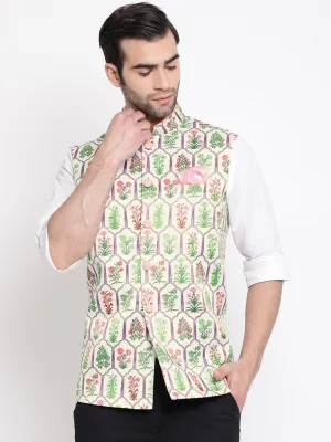 Jashvi Men's Cream Digital Floral Printed Royal Nehru Jacket