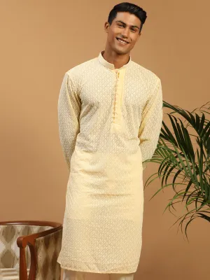 Jashvi Men's Cream Embroidery Worked Georgette Kurta