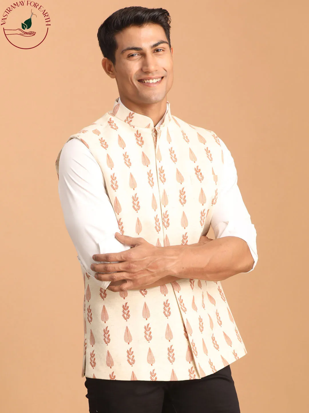 Jashvi Men's Cream Leaf Printed Pure Cotton Nehru Jacket