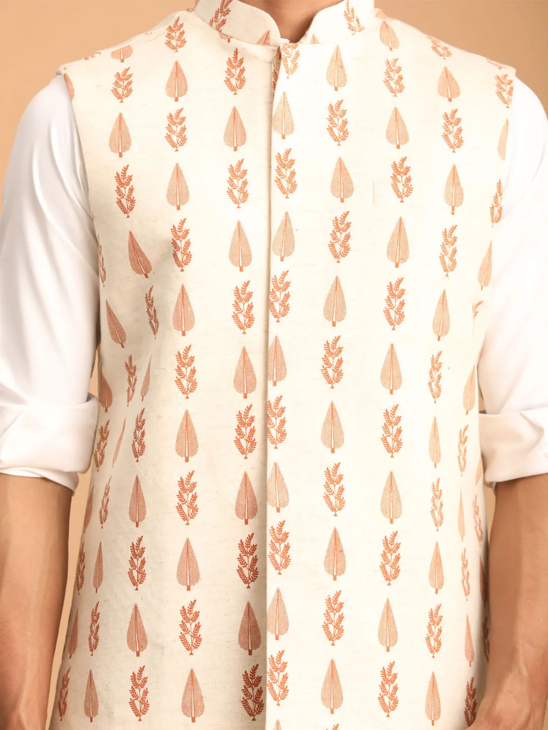 Jashvi Men's Cream Leaf Printed Pure Cotton Nehru Jacket