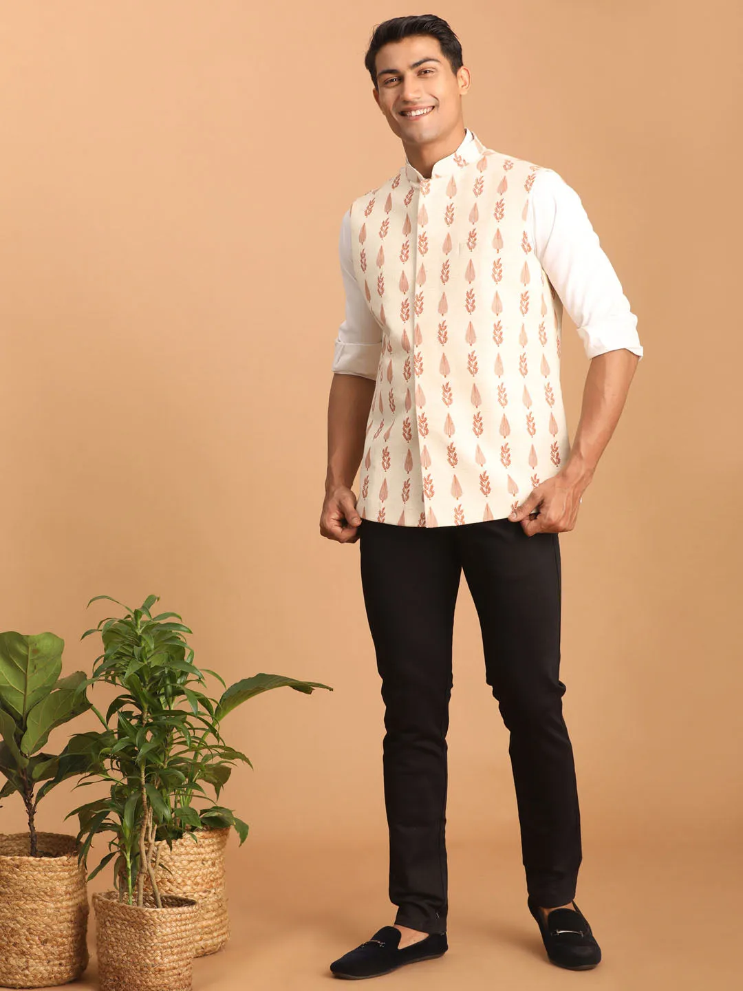 Jashvi Men's Cream Leaf Printed Pure Cotton Nehru Jacket