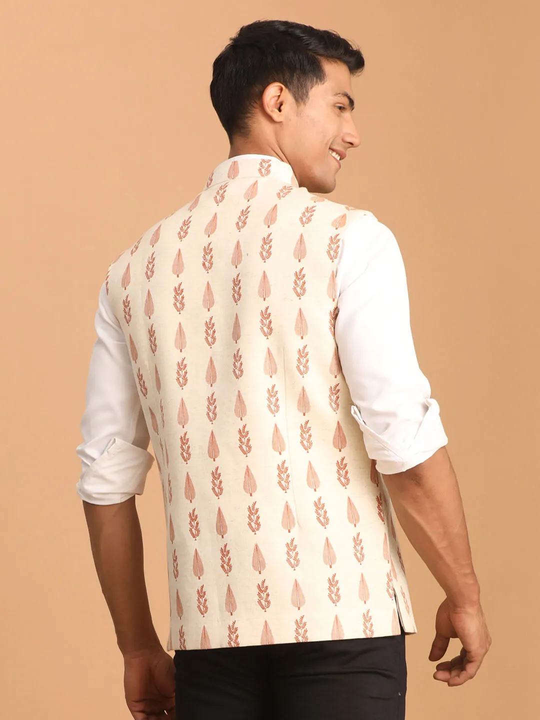 Jashvi Men's Cream Leaf Printed Pure Cotton Nehru Jacket