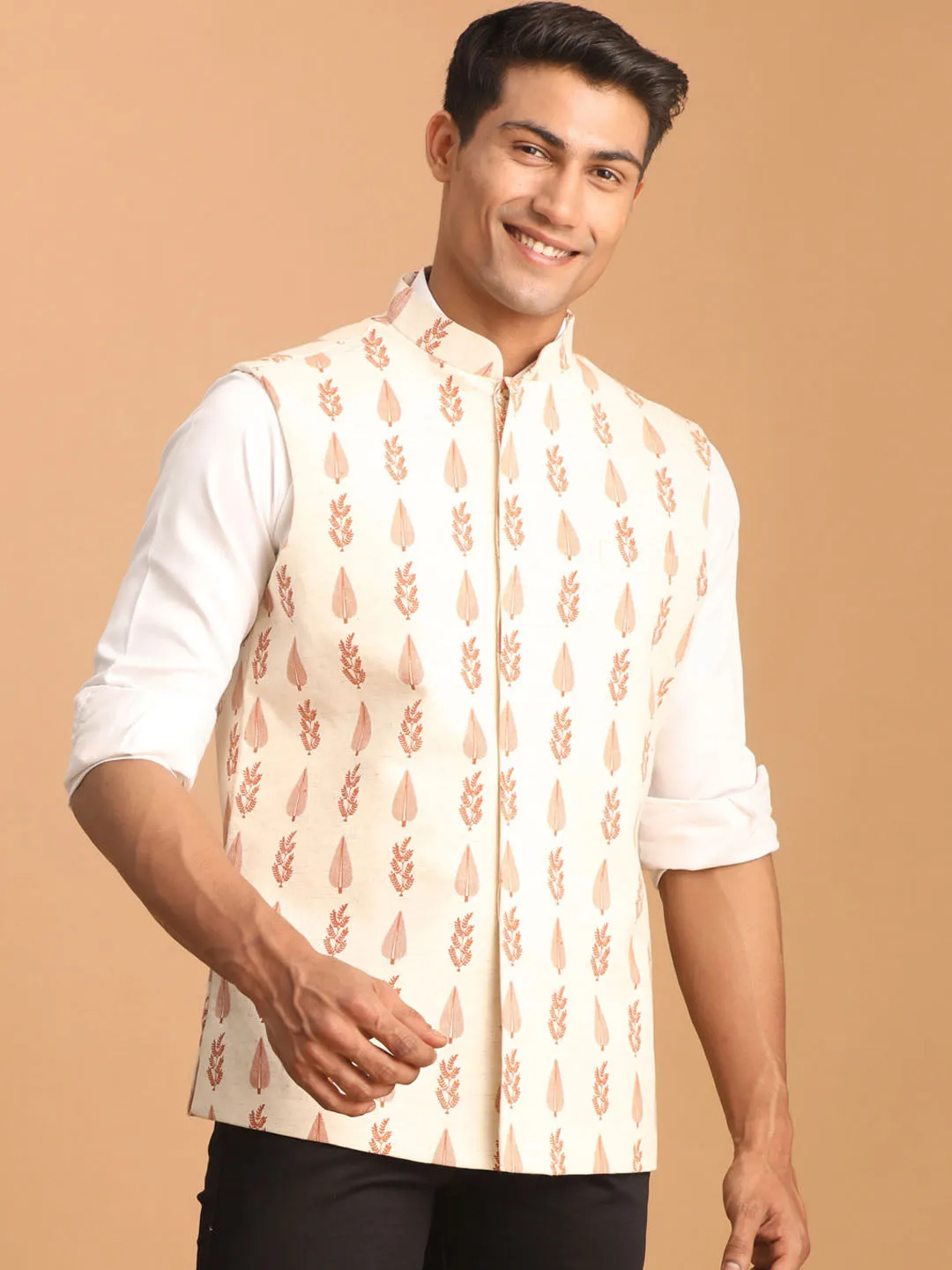 Jashvi Men's Cream Leaf Printed Pure Cotton Nehru Jacket