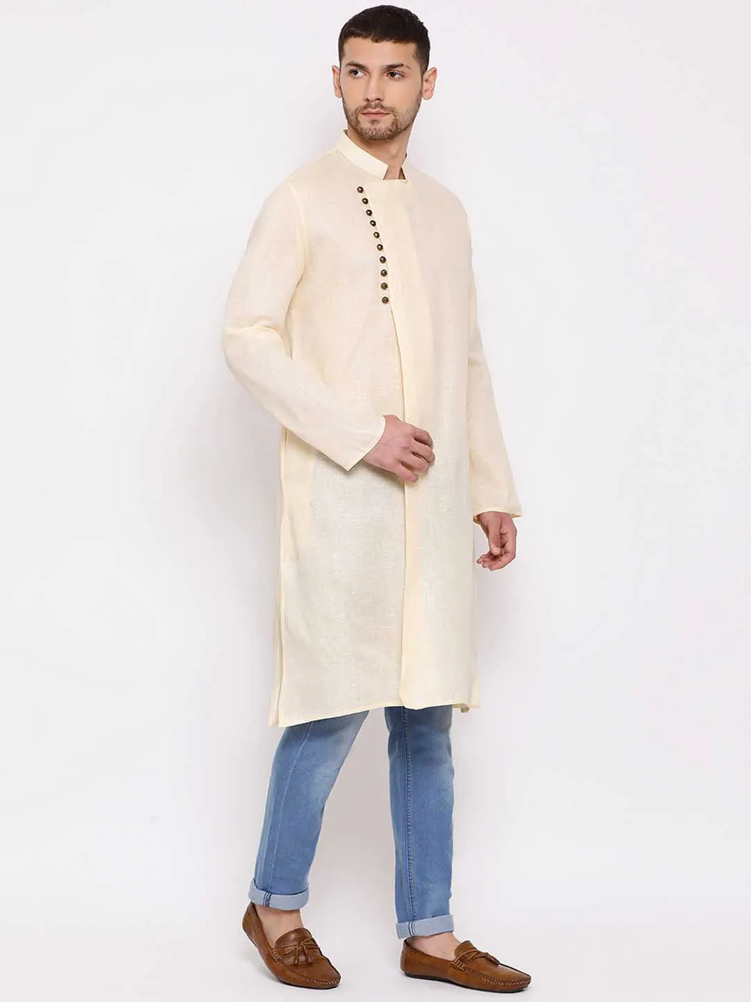 Jashvi Men's Cream Mix Cotton Kurta