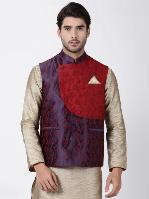 Jashvi Men's Dark Blue and Maroon Cotton Silk Blend Ethnic Jacket