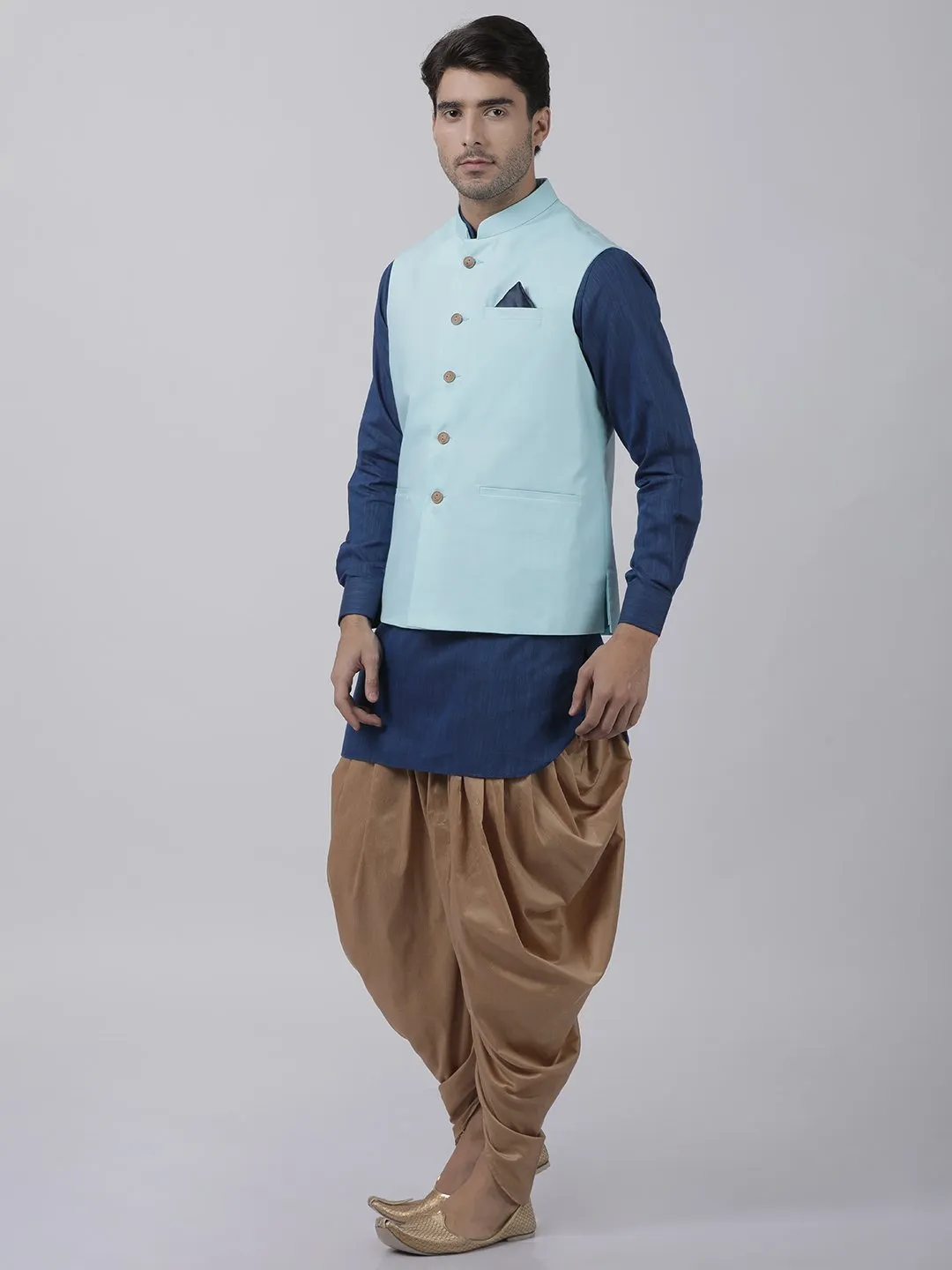 Jashvi Men's Dark Blue Cotton Blend Ethnic Jacket, Kurta and Dhoti Pant Set