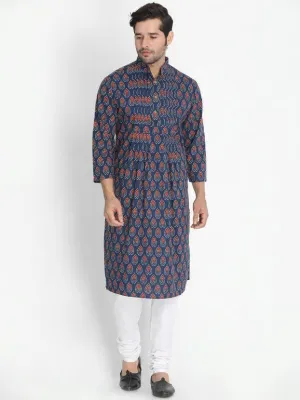 Jashvi Men's Dark Blue Cotton Blend Kurta and Churidar Set