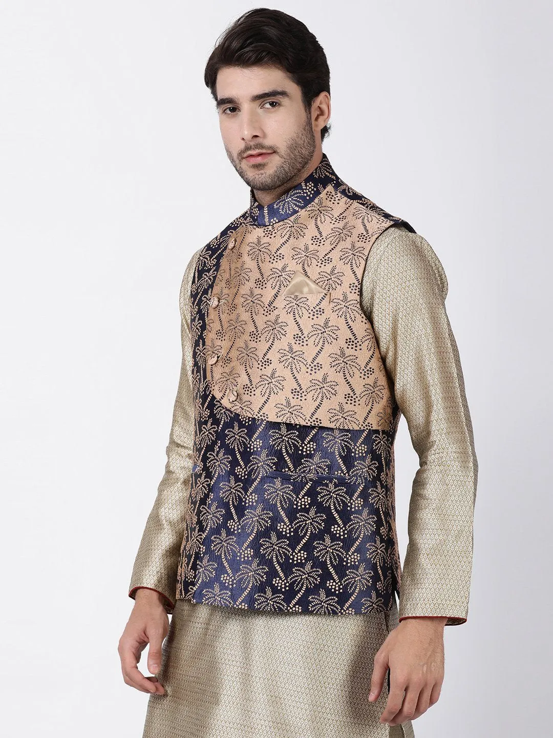 Jashvi Men's Dark Blue Cotton Silk Blend Ethnic Jacket