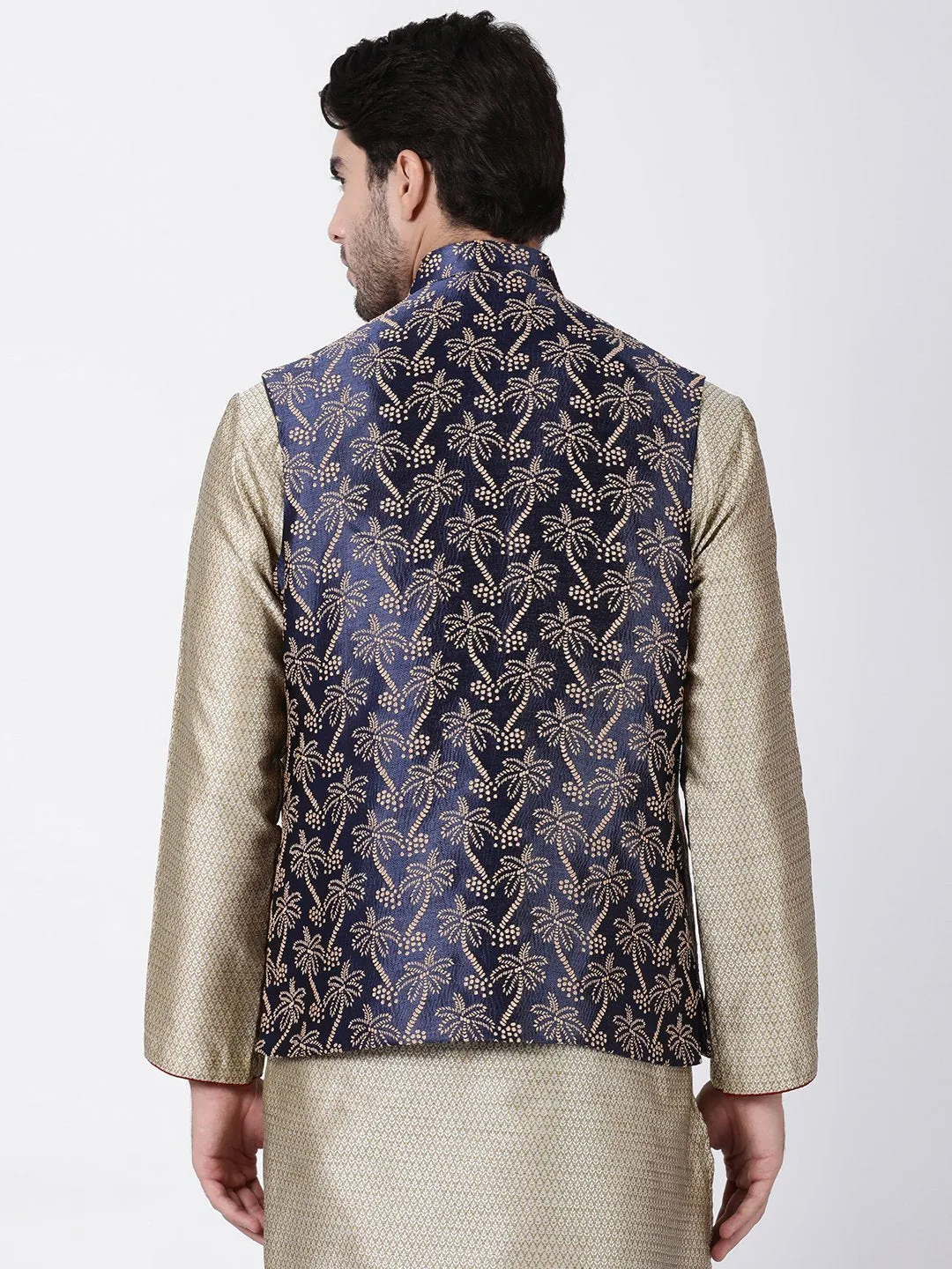 Jashvi Men's Dark Blue Cotton Silk Blend Ethnic Jacket