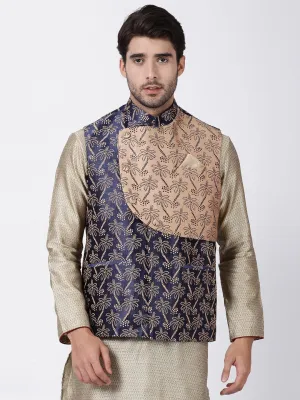 Jashvi Men's Dark Blue Cotton Silk Blend Ethnic Jacket