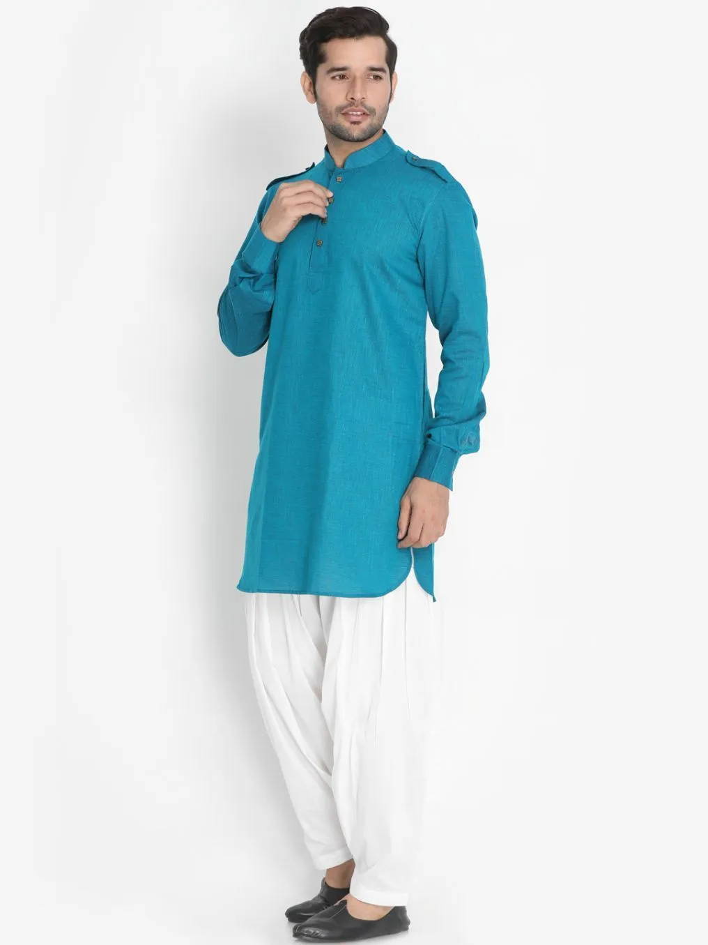 Jashvi Men's Dark Green Cotton Blend Kurta and Patiala Set