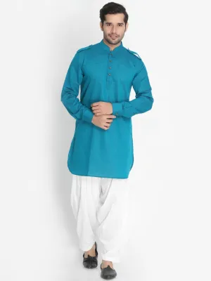 Jashvi Men's Dark Green Cotton Blend Kurta and Patiala Set