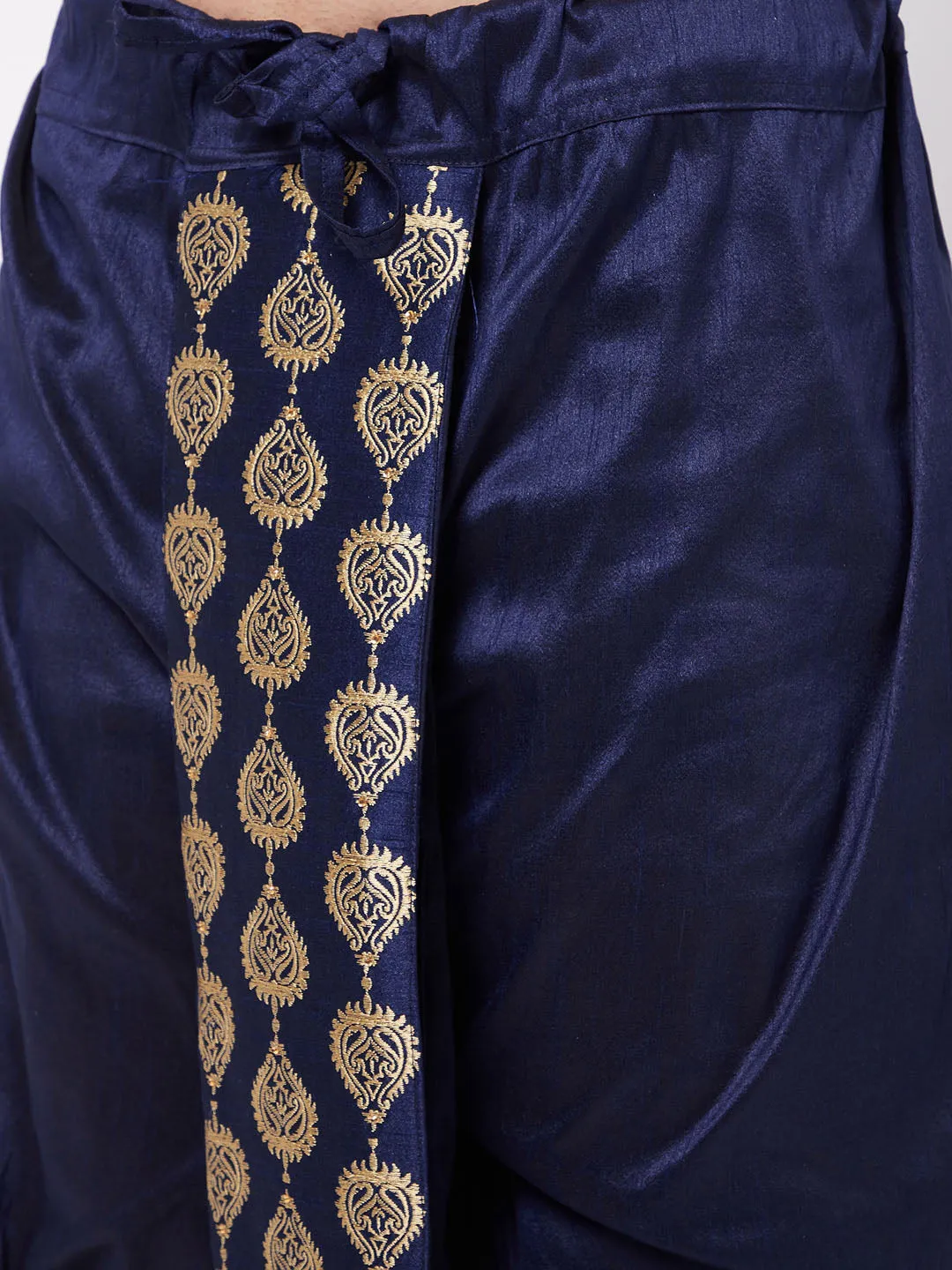 Jashvi Men's Gold And Navy Blue Silk Blend Kurta And Dhoti Set