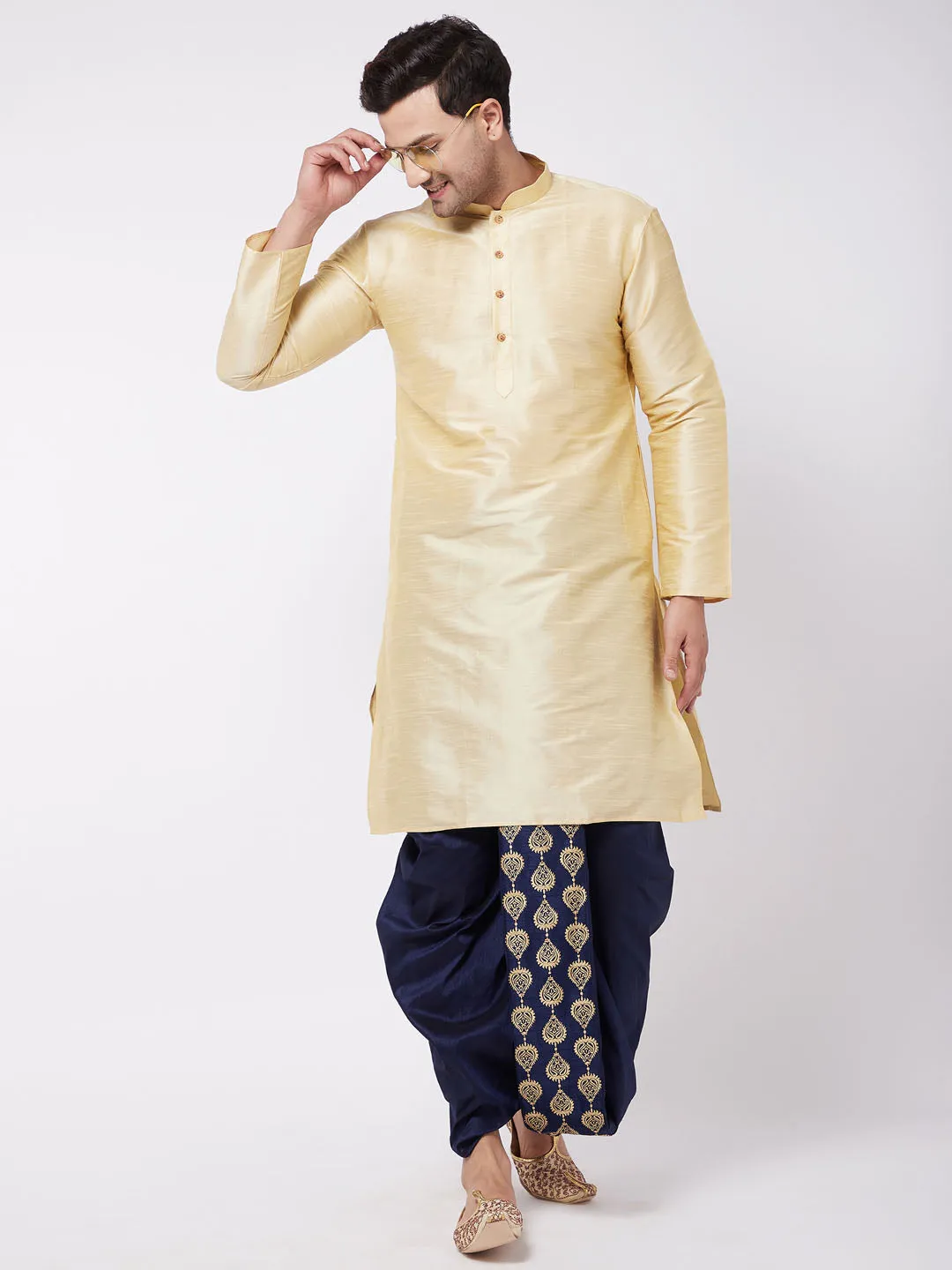 Jashvi Men's Gold And Navy Blue Silk Blend Kurta And Dhoti Set