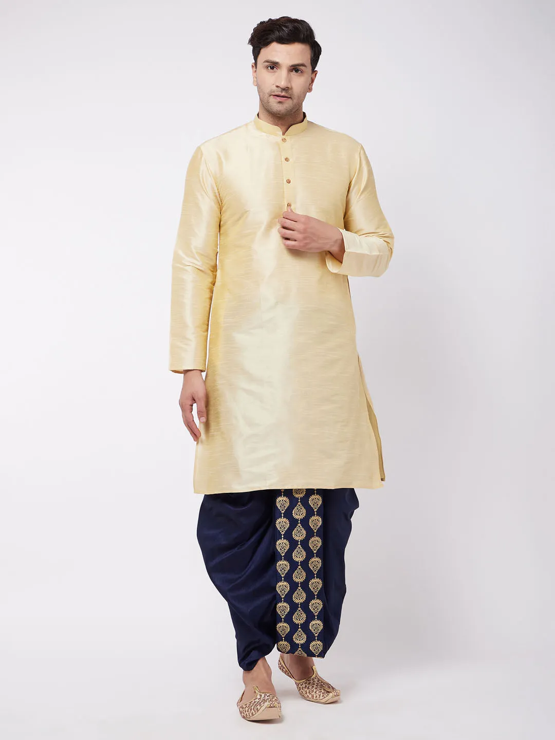 Jashvi Men's Gold And Navy Blue Silk Blend Kurta And Dhoti Set