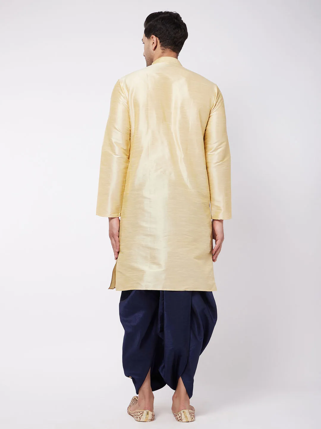 Jashvi Men's Gold And Navy Blue Silk Blend Kurta And Dhoti Set